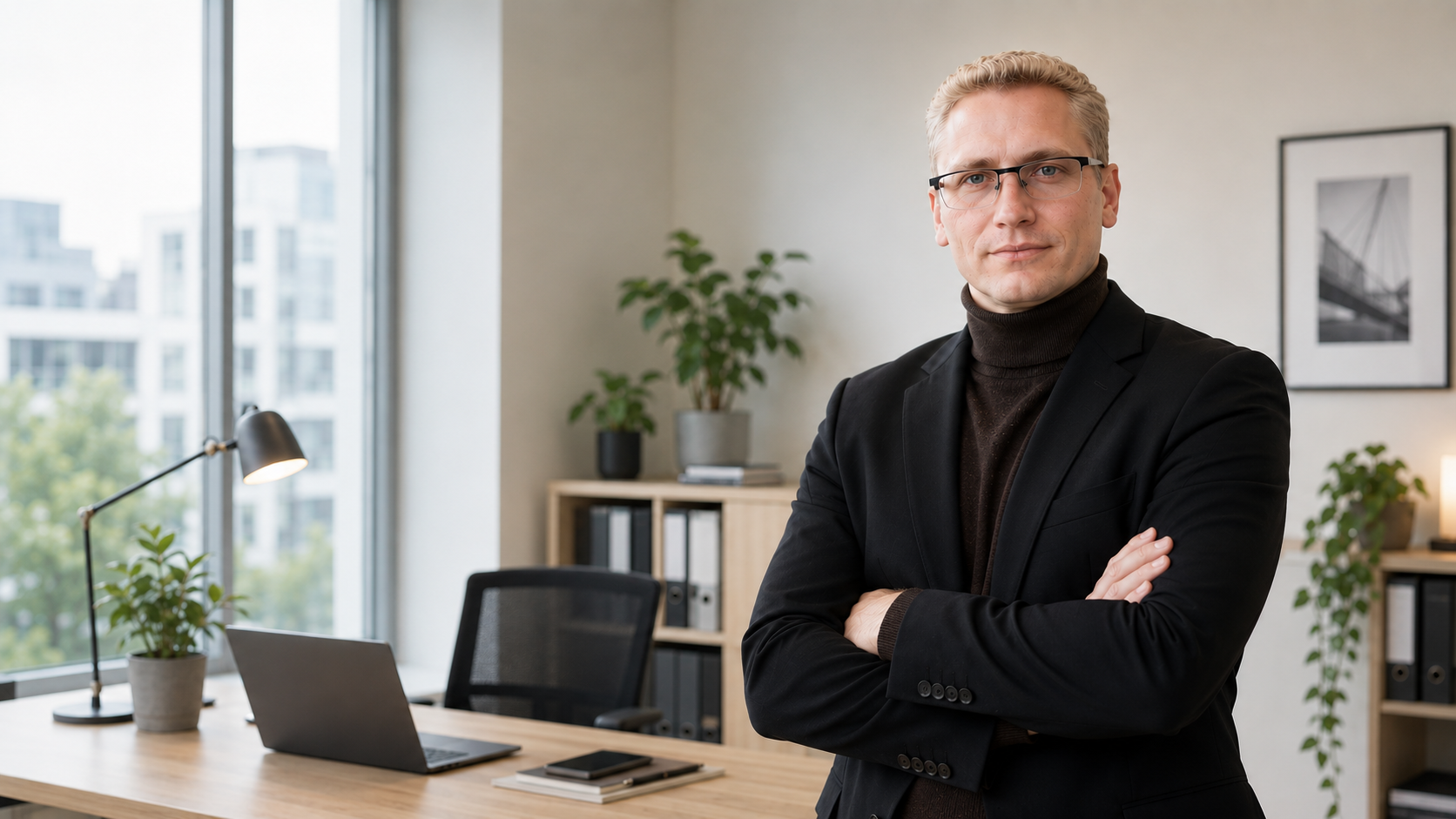 Rene Wedemeyer, Halbfigur mit verschränkten Armen, in einem
                  hellen Büroraum mit Blick über die Stadt.